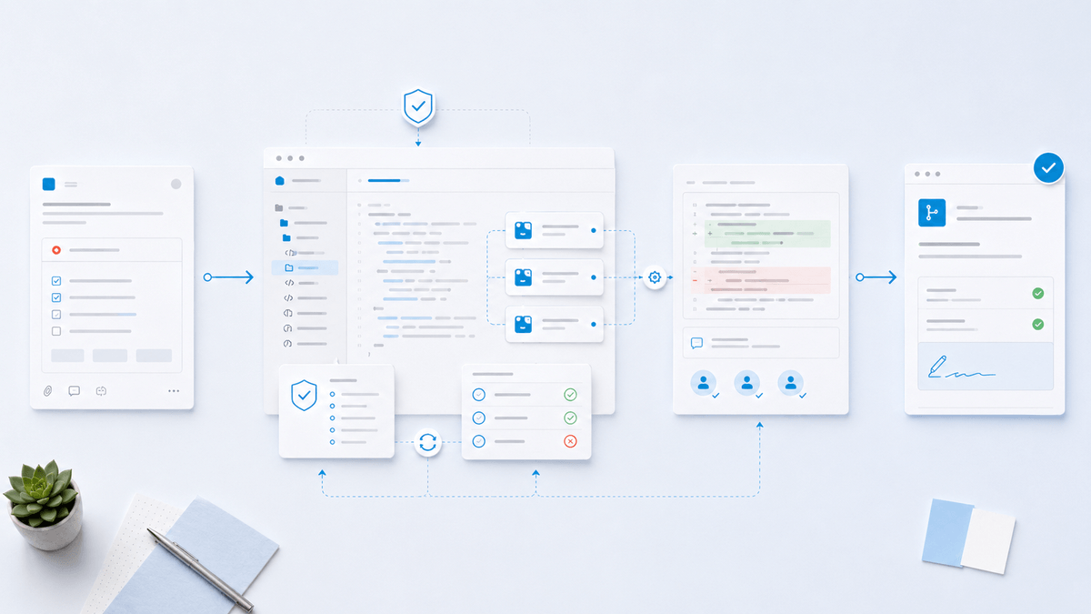 Workflow de développement montrant une issue, un agent de code, des tests, une relecture humaine et une pull request