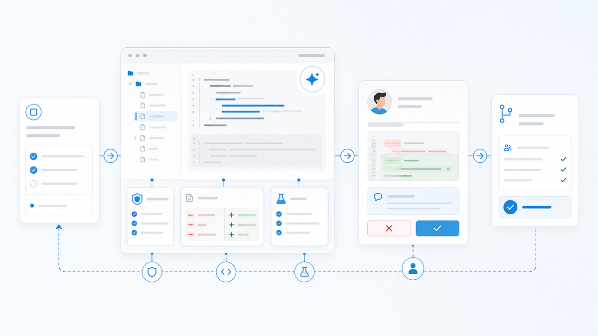 Workflow de développement assisté par IA montrant une issue, un agent de code, des tests, une review humaine et une pull request