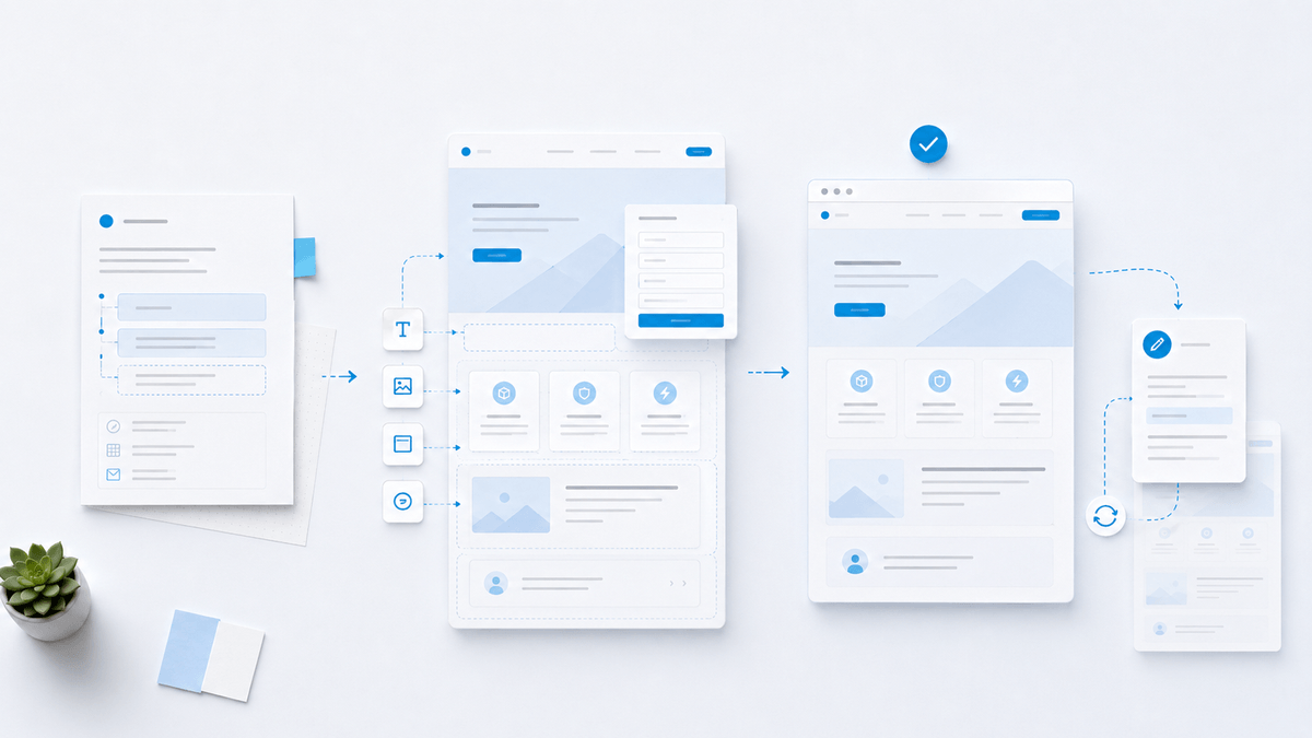 Processus visuel montrant une offre qui devient une landing page publiée puis modifiable avec l’IA