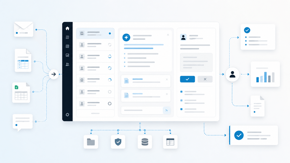 Interface interne simple montrant des demandes, des documents, des validations humaines et un suivi assisté par IA