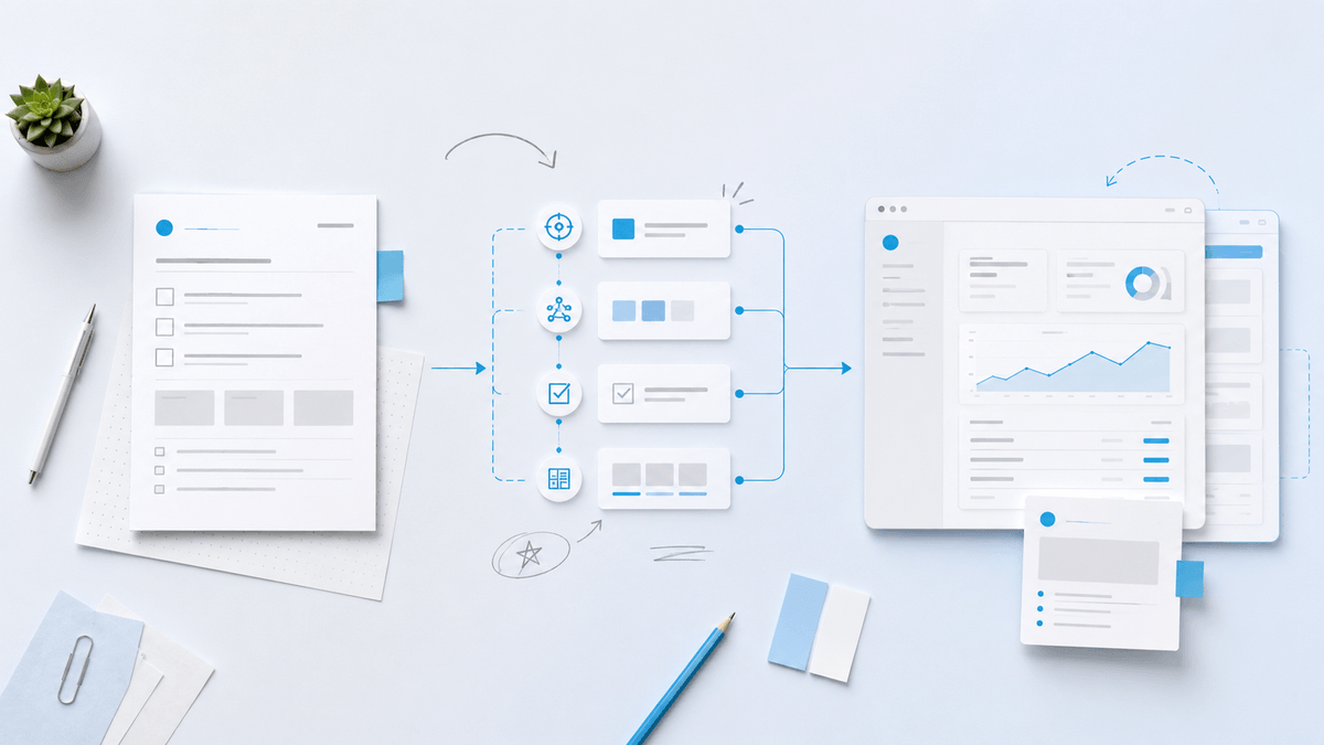 Équipe métier transformant une demande simple en page, formulaire et documentation grâce à une méthode IA guidée