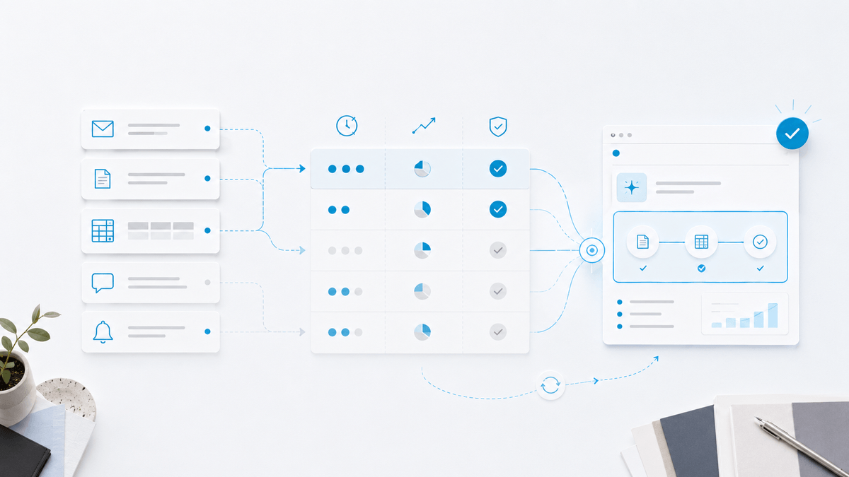 Vue méthodique de tâches métier classées pour identifier les premiers gains IA dans une PME