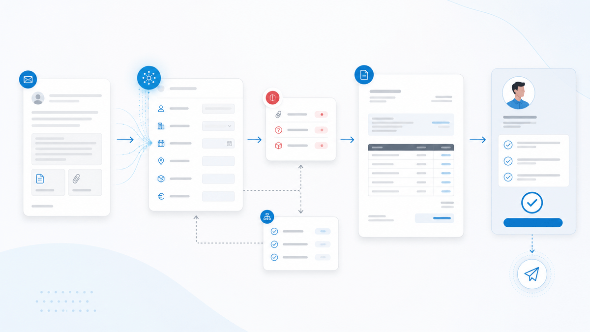 Interface commerciale montrant une demande client transformée en brouillon de devis avec règles tarifaires, pièces à vérifier et validation humaine
