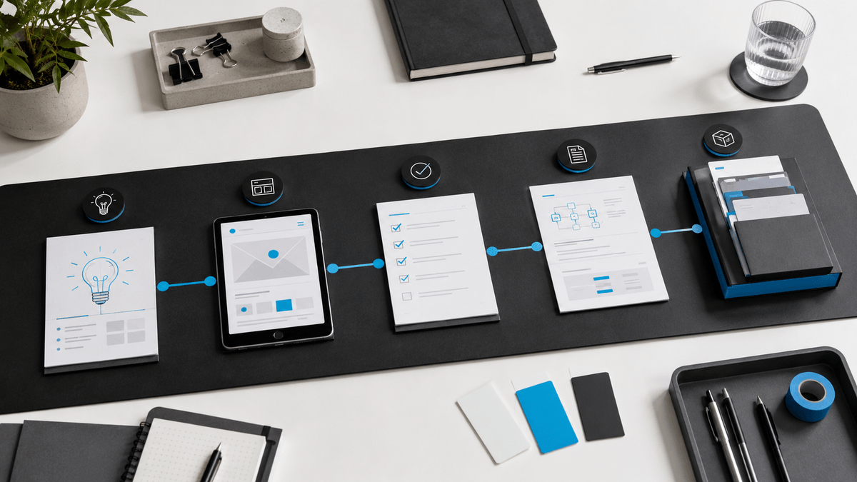 Parcours visuel montrant une idée, un prototype, des tests, une documentation et un livrable final pendant un sprint IA